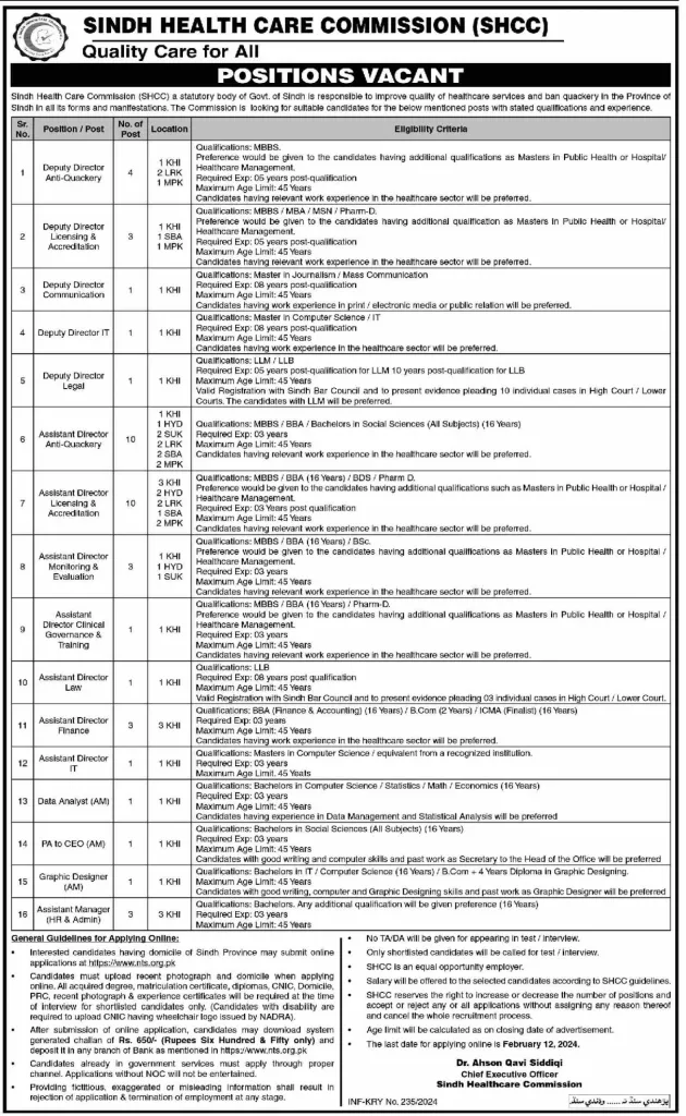 Sindh Health Care Commission NTS jobs 2024 Apply Online